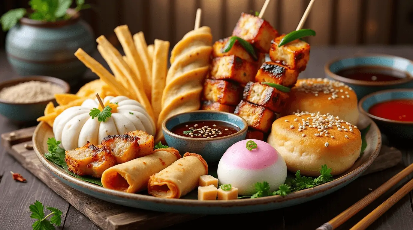 A plate of crispy, golden Asian snacks served with a side of dipping sauce, garnished with fresh herbs.