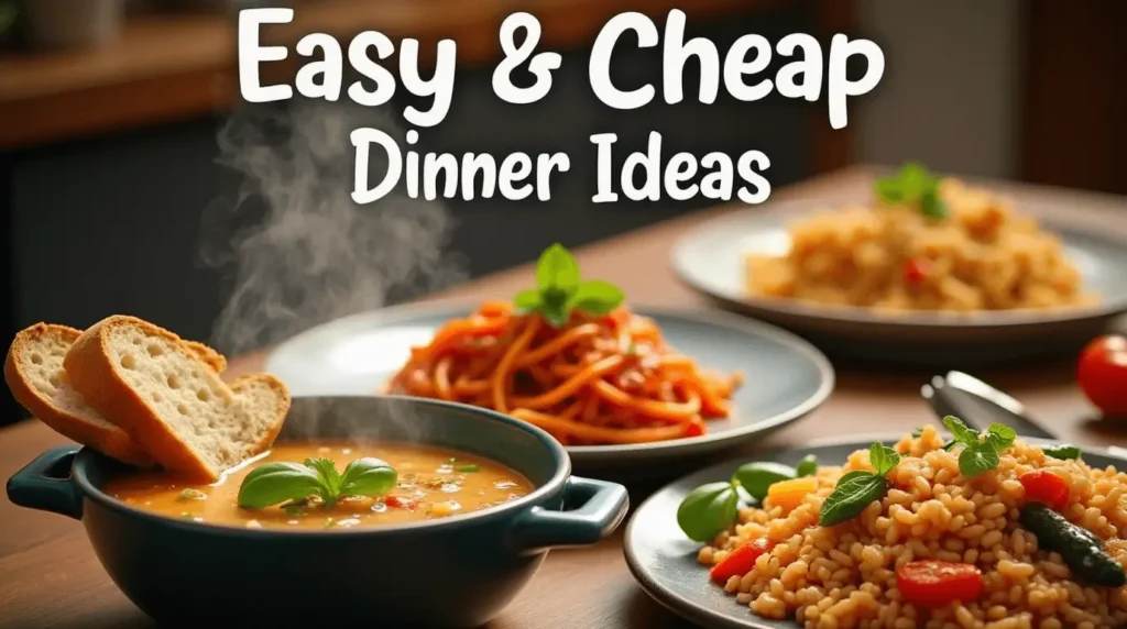 A budget-friendly homemade dinner plate with a hearty meal, including rice, vegetables, and protein, served on a rustic table.