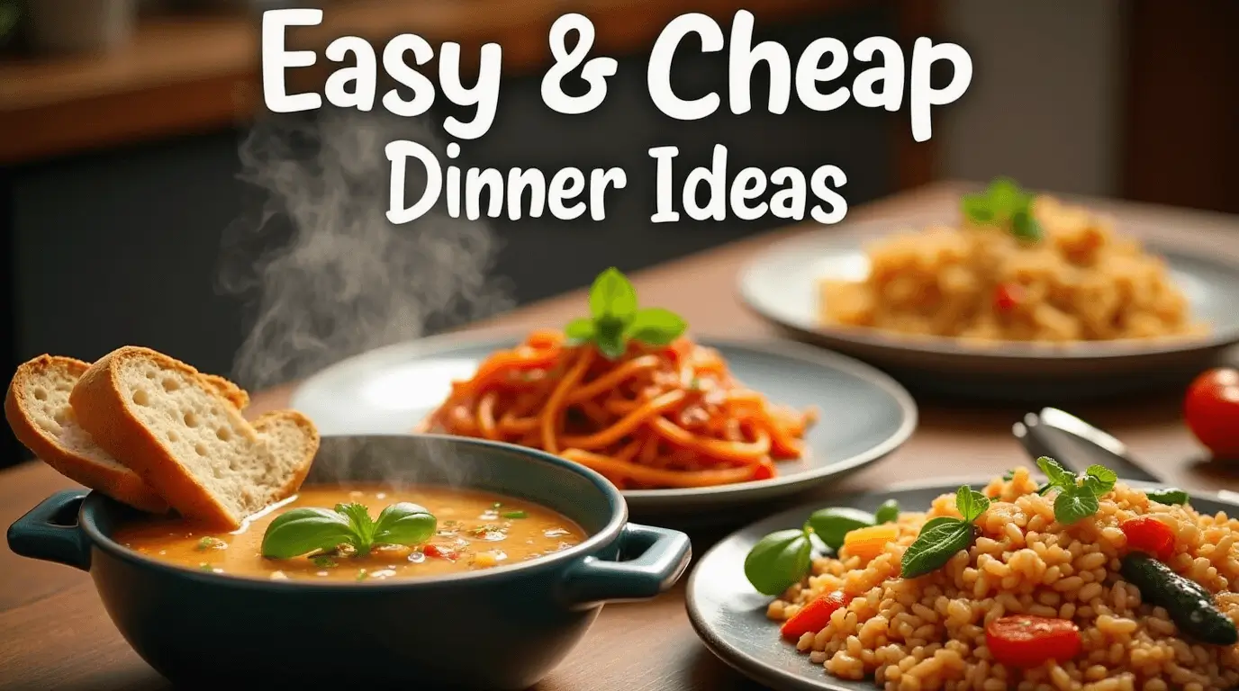 A budget-friendly homemade dinner plate with a hearty meal, including rice, vegetables, and protein, served on a rustic table.