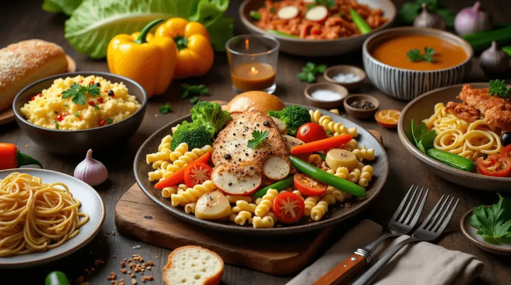 A delicious spread of quick and easy dinner meals, including pasta, roasted chicken, and stir-fried vegetables, served on a cozy dinner table.