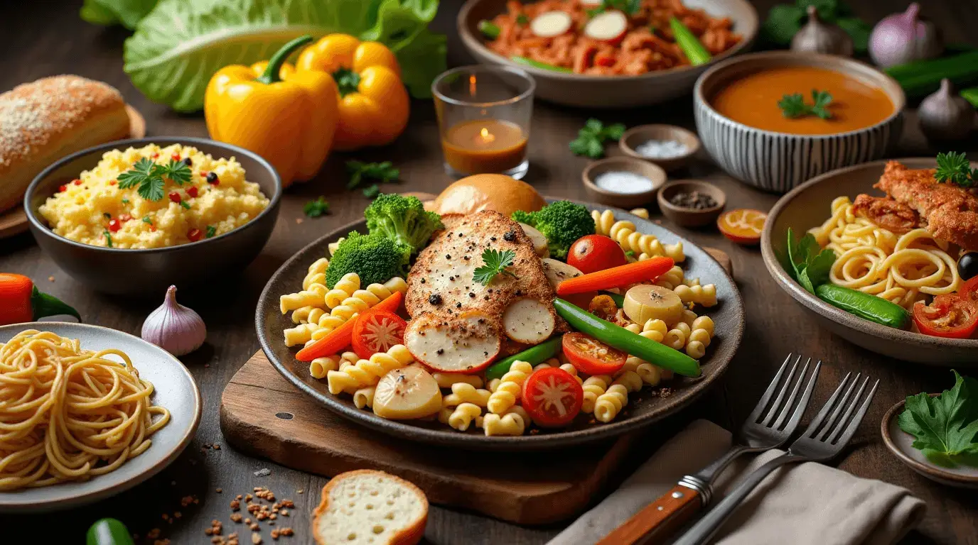 A delicious spread of quick and easy dinner meals, including pasta, roasted chicken, and stir-fried vegetables, served on a cozy dinner table.