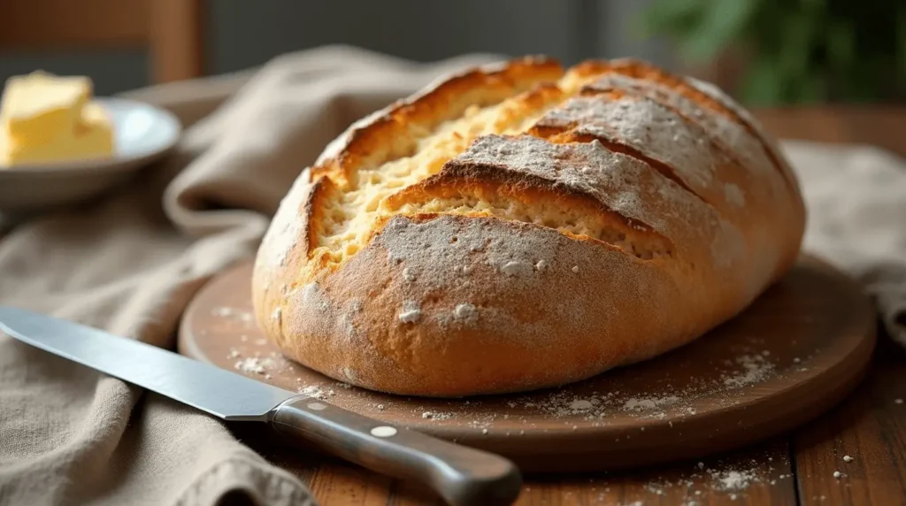 A freshly baked sourdough loaf with a golden crust, sliced open to reveal a soft, airy interior, placed on a wooden cutting board.