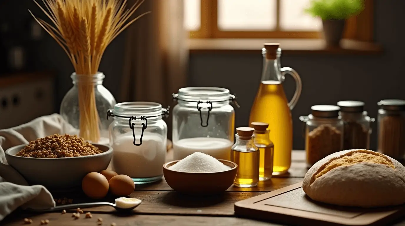 Ingredients for sourdough bread including flour, water, salt, and starter culture