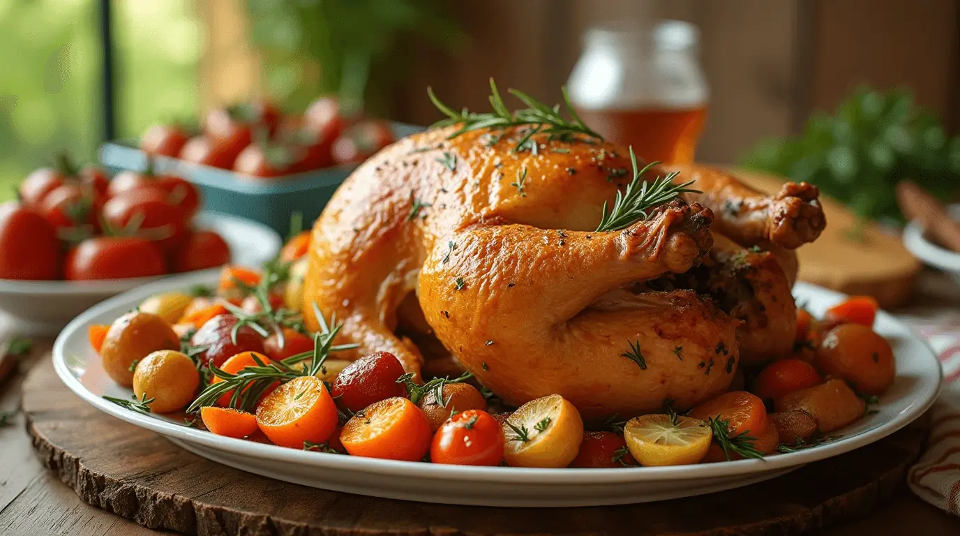 Fresh ingredients for a healthy family meal including whole chicken, olive oil, garlic, carrots, potatoes, and herbs laid out on a wooden countertop.