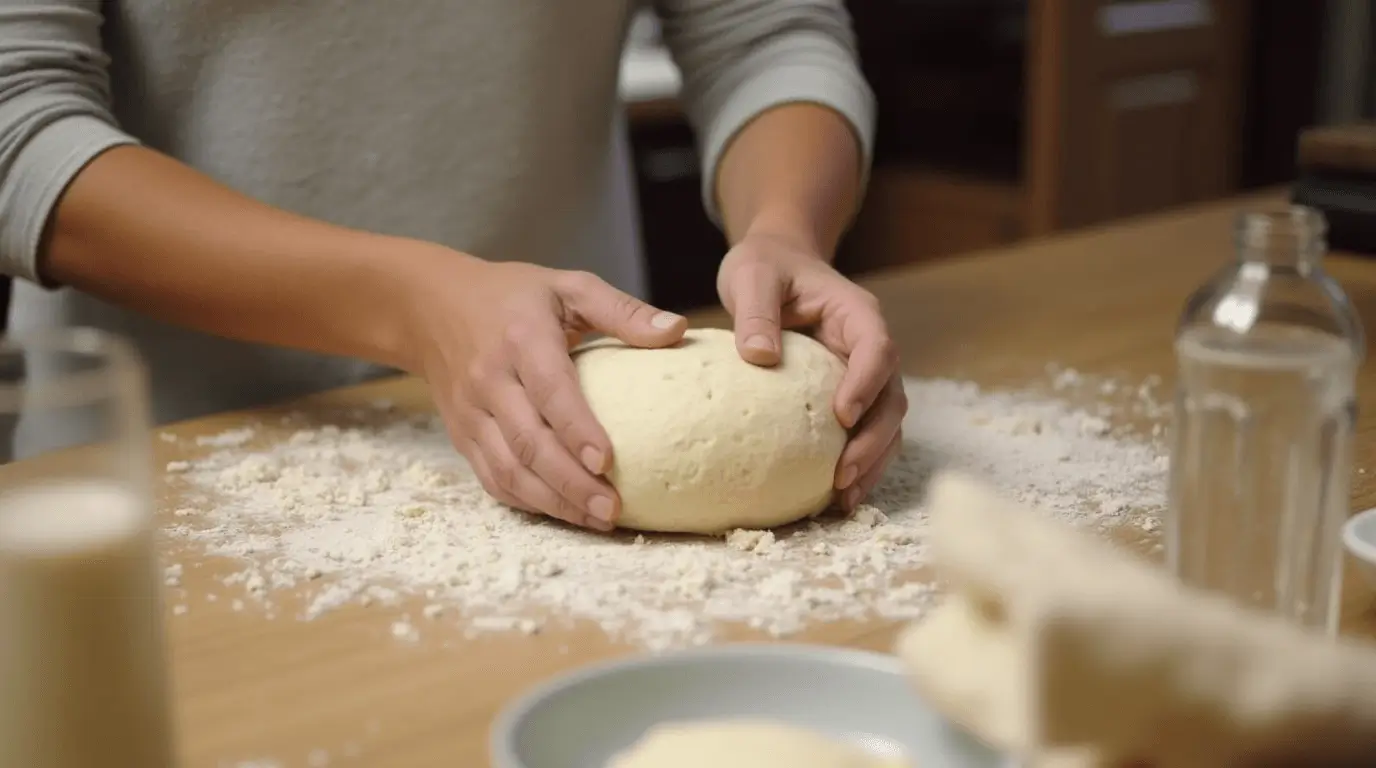 A person kneading dough on a floured countertop.