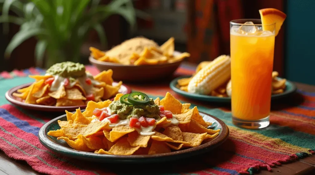 A variety of traditional Mexican snacks including chips, salsas, tamales, and sweet treats, perfect for any celebration.
