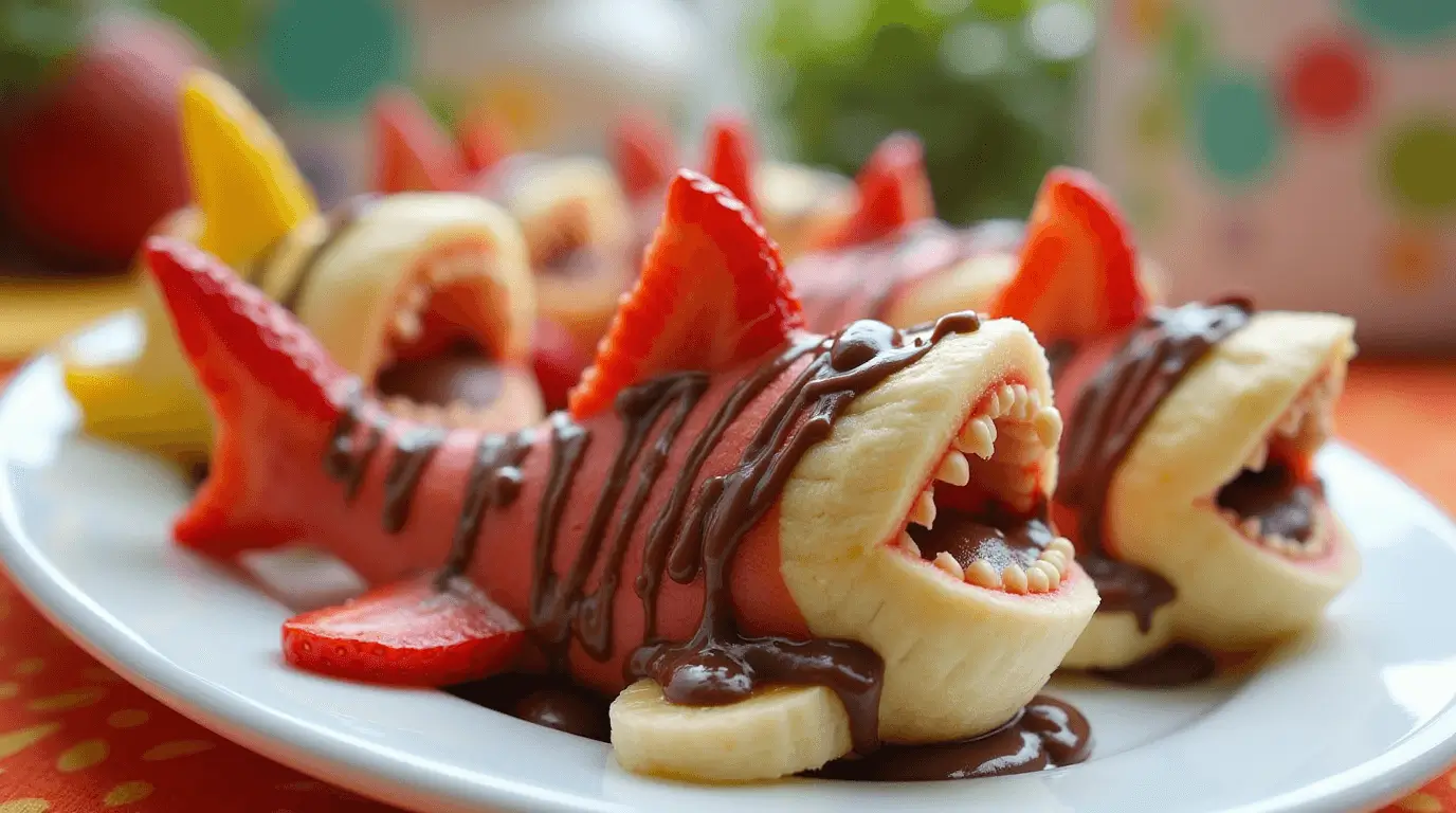 Shark-shaped fruit snacks made with fresh bananas, strawberries, and grapes, drizzled with chocolate for a fun and healthy treat.