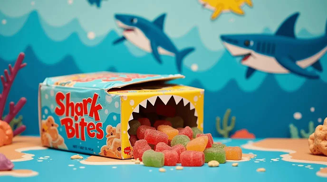 Shark Bites gummies in vibrant colors shaped like sharks, showcasing the ultimate fruit snack experience.