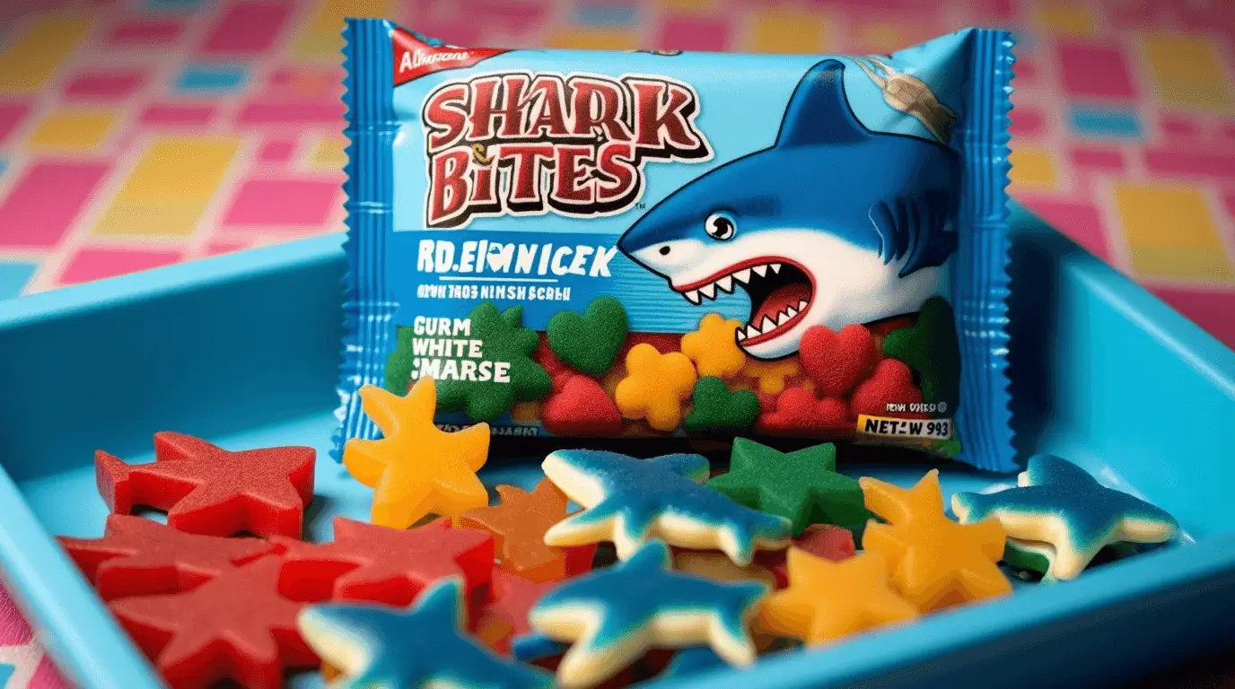 A pack of Shark Bites fruit snacks from the 90s, featuring colorful shark-shaped gummies in various flavors.
