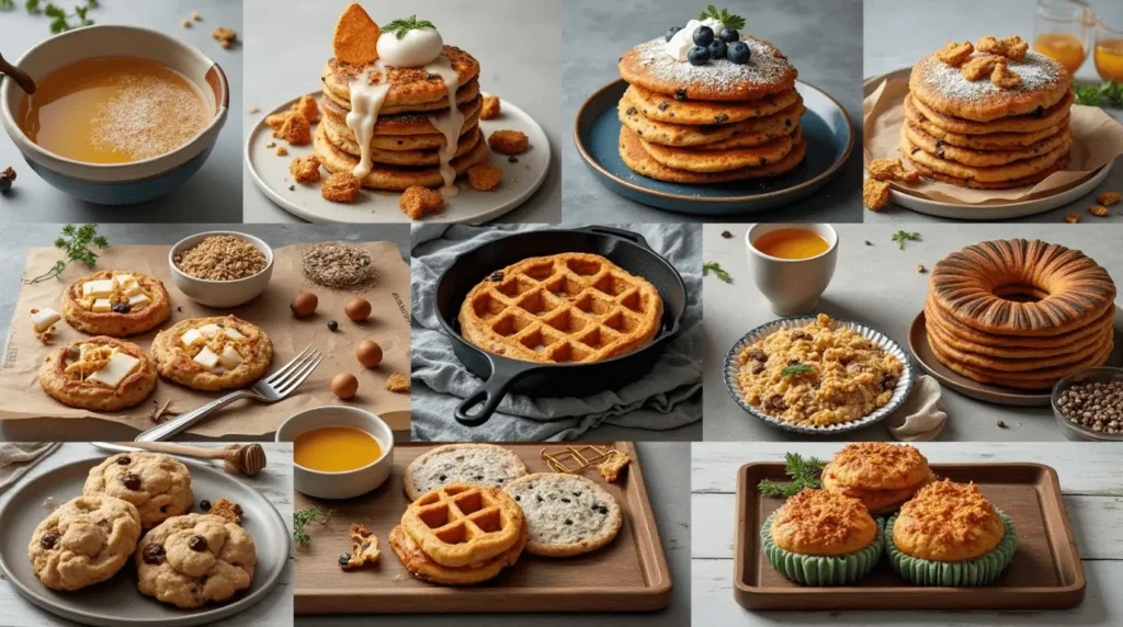 Variety of sourdough recipes including pancakes, muffins, waffles, and savory snacks made using sourdough starter or discard.