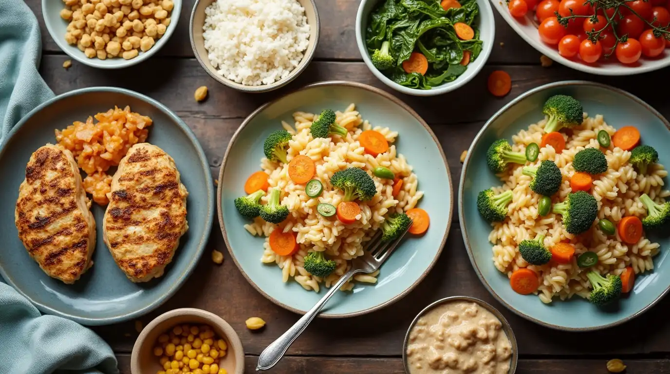 A table filled with a variety of colorful, affordable homemade dishes like pasta, stir-fry, and soup.
