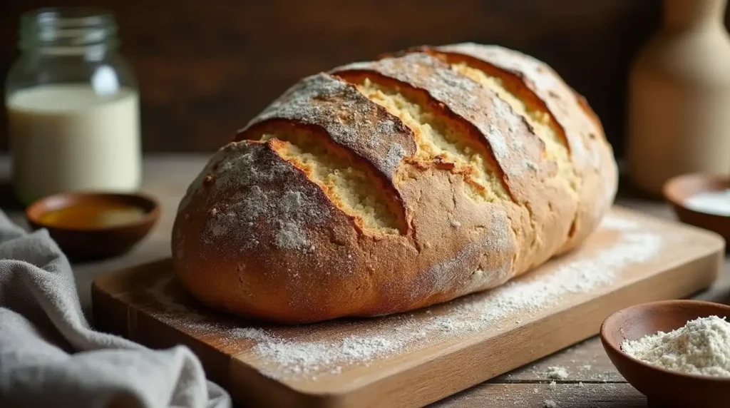 A freshly baked loaf of einkorn sourdough bread on a wooden board, with a crisp crust and airy interior.