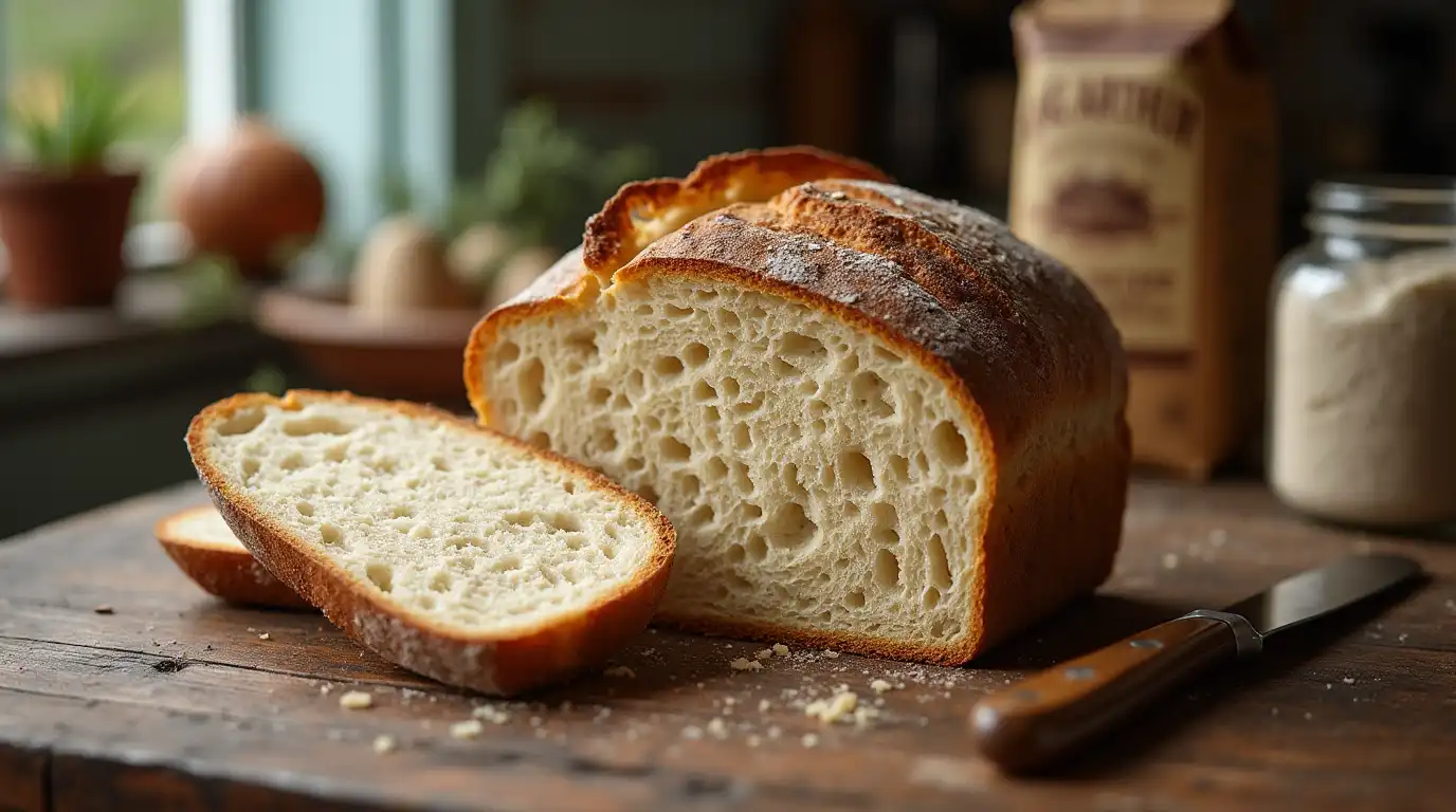 A rustic loaf of King Arthur sourdough bread with a crisp golden crust and airy interior, sitting on a wooden cutting board.
