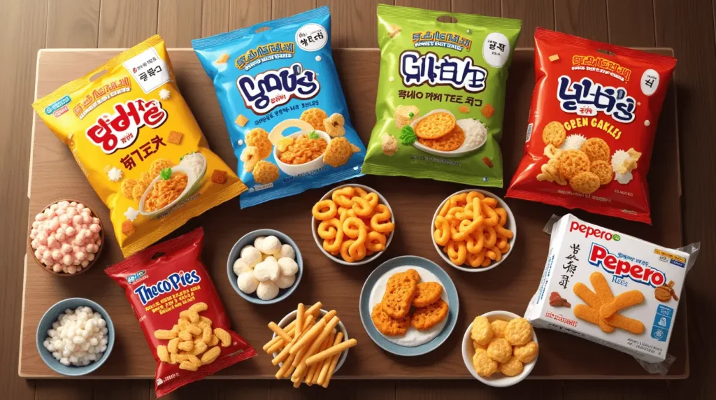 A colorful assortment of popular Korean snacks, including chips, rice cakes, and sweet treats, arranged on a wooden table.