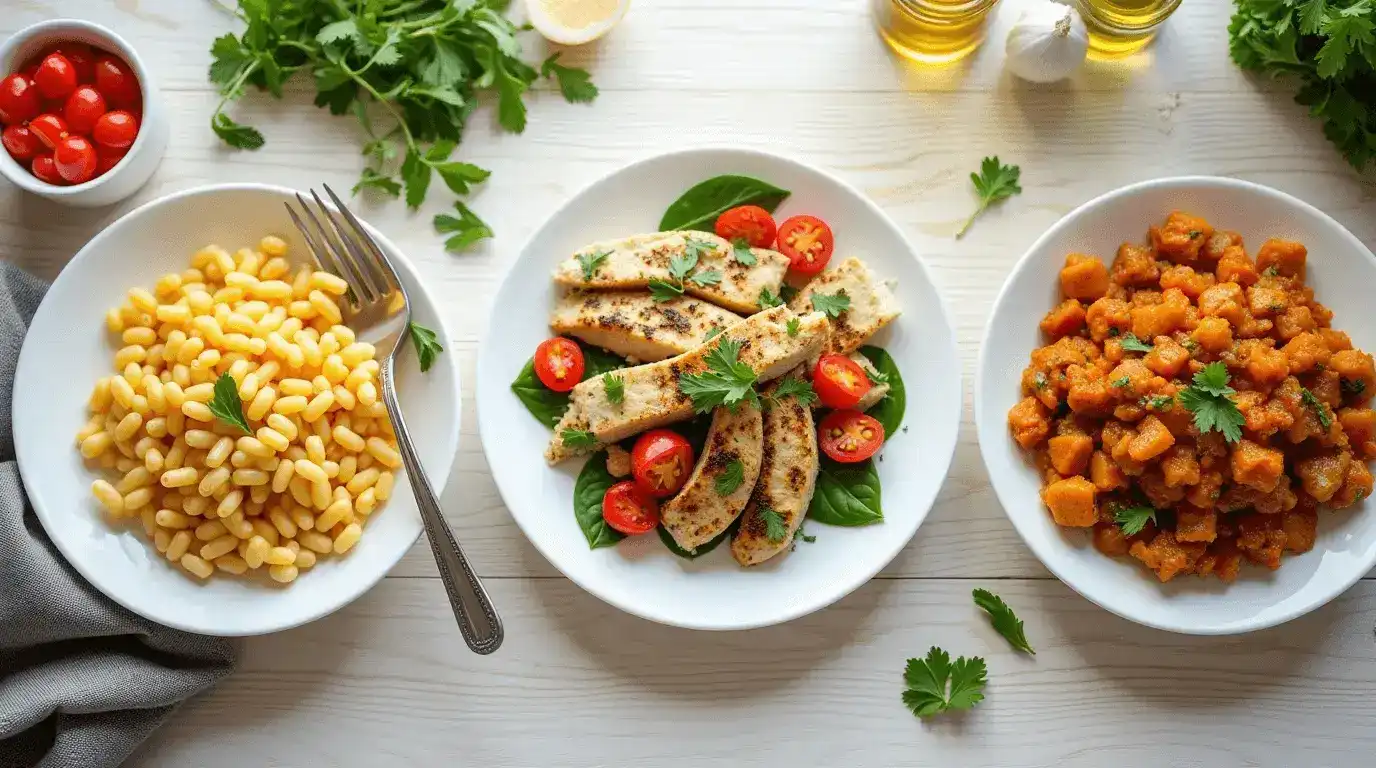 A variety of quick and easy homemade meals, including pasta, stir-fry, and salad, arranged on a kitchen counter.