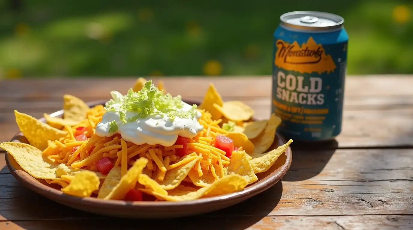 A chilled can of Montucky Cold Snacks beer resting on a picnic table with a scenic mountain backdrop.