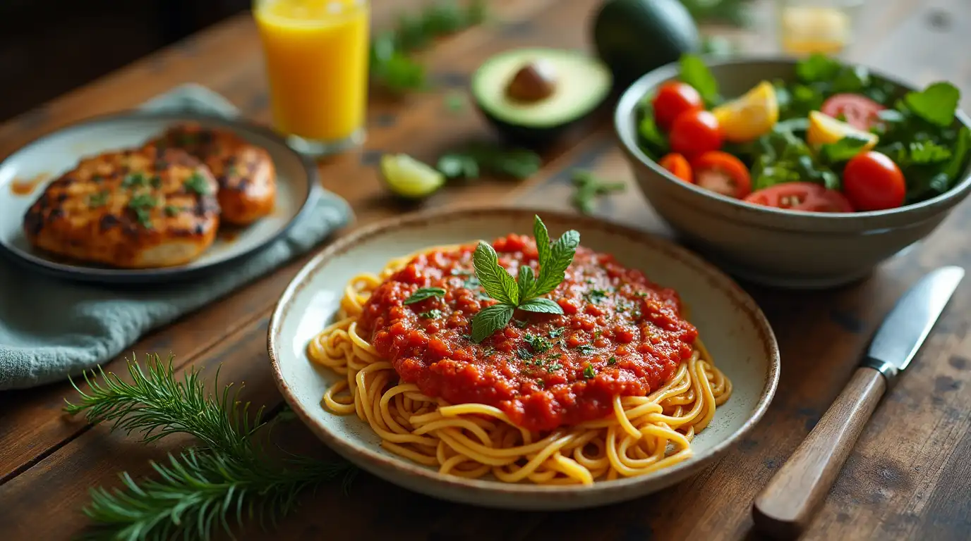 A table with three quick and easy supper dishes, including pasta, stir-fry, and a hearty salad, ready to serve.