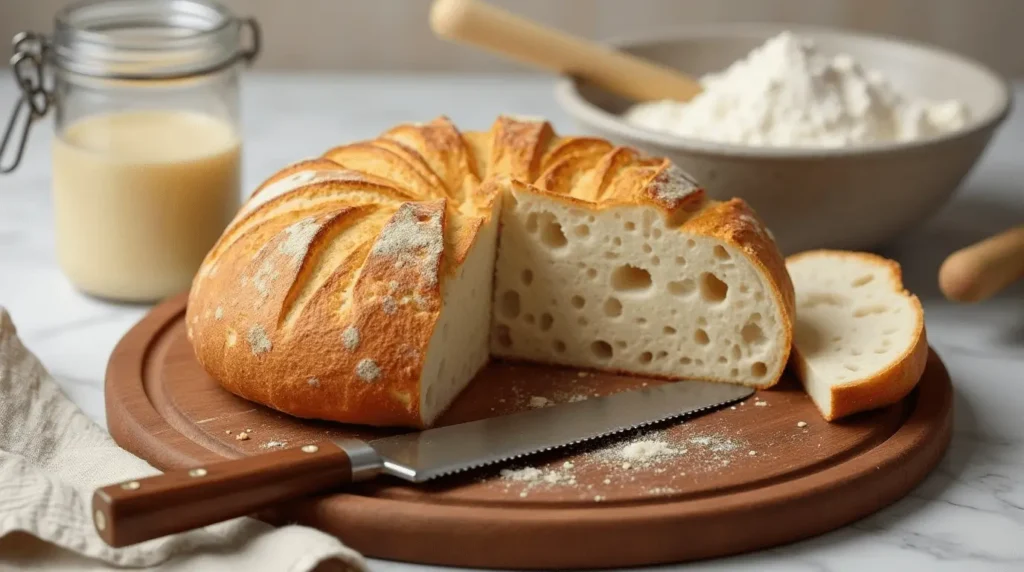 A freshly baked same-day sourdough bread loaf with a crispy golden crust and soft, airy interior, resting on a wooden cutting board.