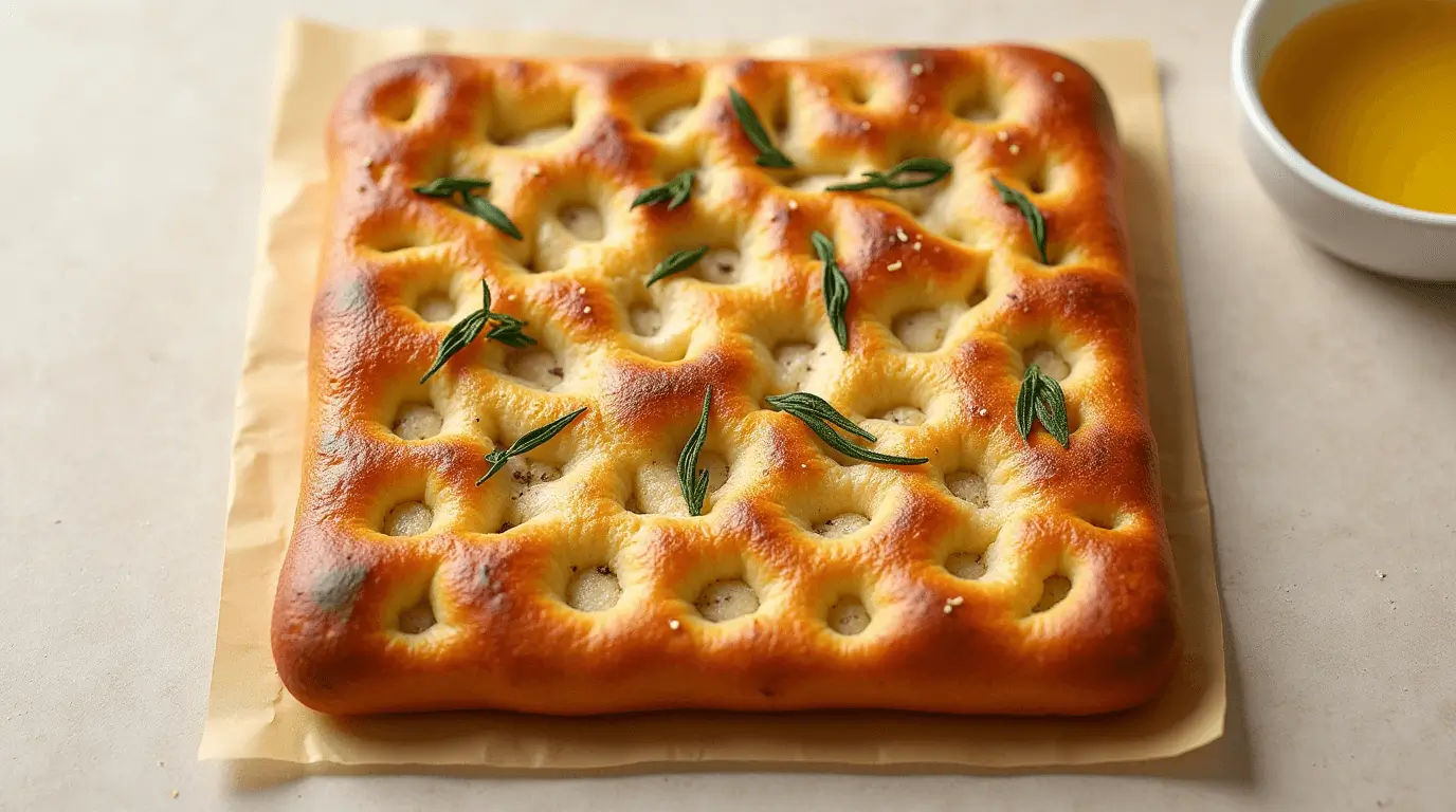 A golden, freshly baked sourdough focaccia topped with rosemary and sea salt, resting on a wooden cutting board.