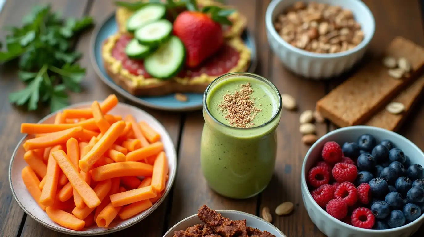A colorful assortment of vegan snacks including fruit, veggie sticks, hummus, energy balls, and nuts displayed on a rustic wooden table.