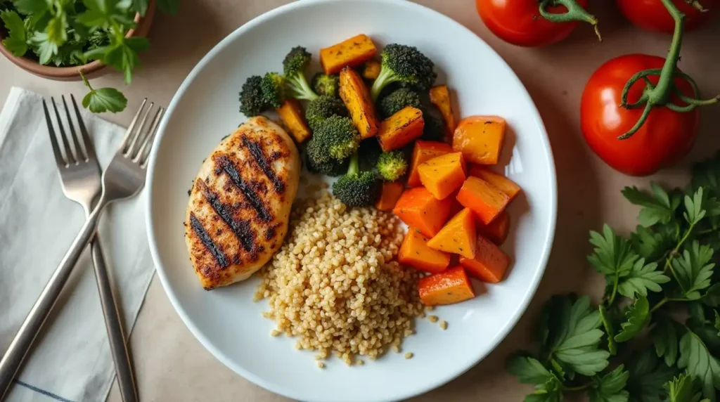 Top-down view of a quick and easy dinner plate with grilled chicken, roasted vegetables, and rice, styled for a 15-minute meal prep.