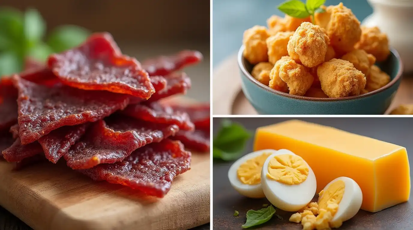 A variety of high-protein carnivore snacks like jerky and meat sticks arranged on a wooden board.