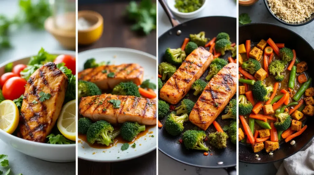 A variety of easy-to-make dinner dishes, including pasta, stir-fry, and roasted vegetables, served on a kitchen counter.