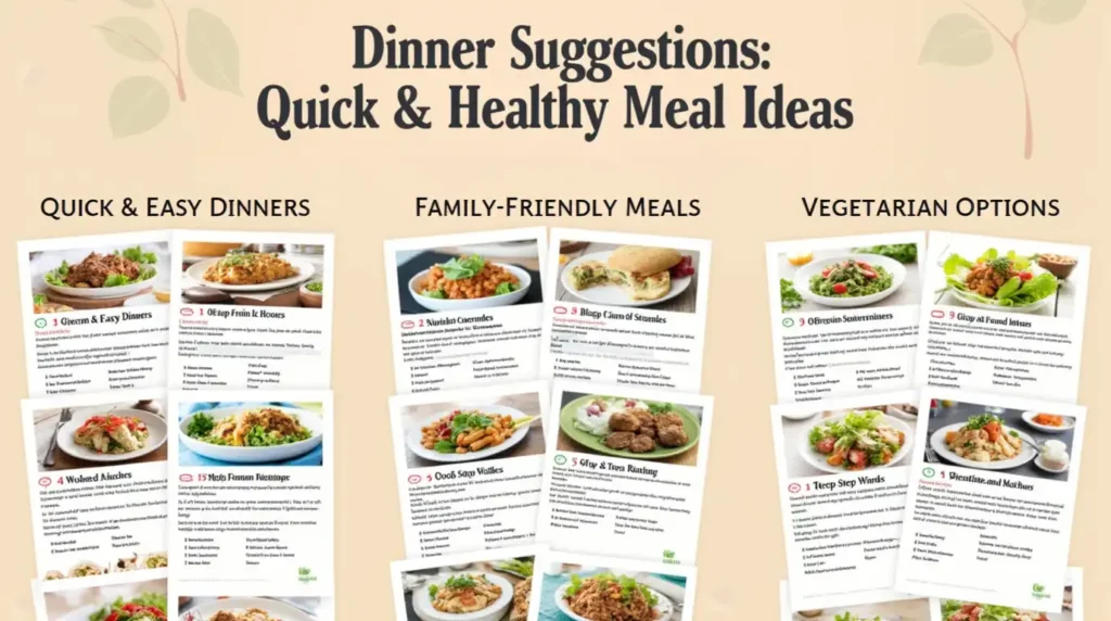 A variety of quick and healthy dinner options, including grilled salmon, quinoa salad, and veggie stir-fry, arranged on a dinner table.