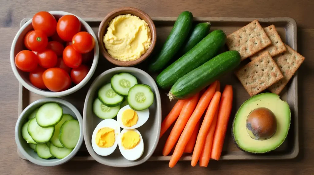 A colorful assortment of easy healthy snacks including sliced fruits, nuts, yogurt, and veggie sticks on a wooden platter.