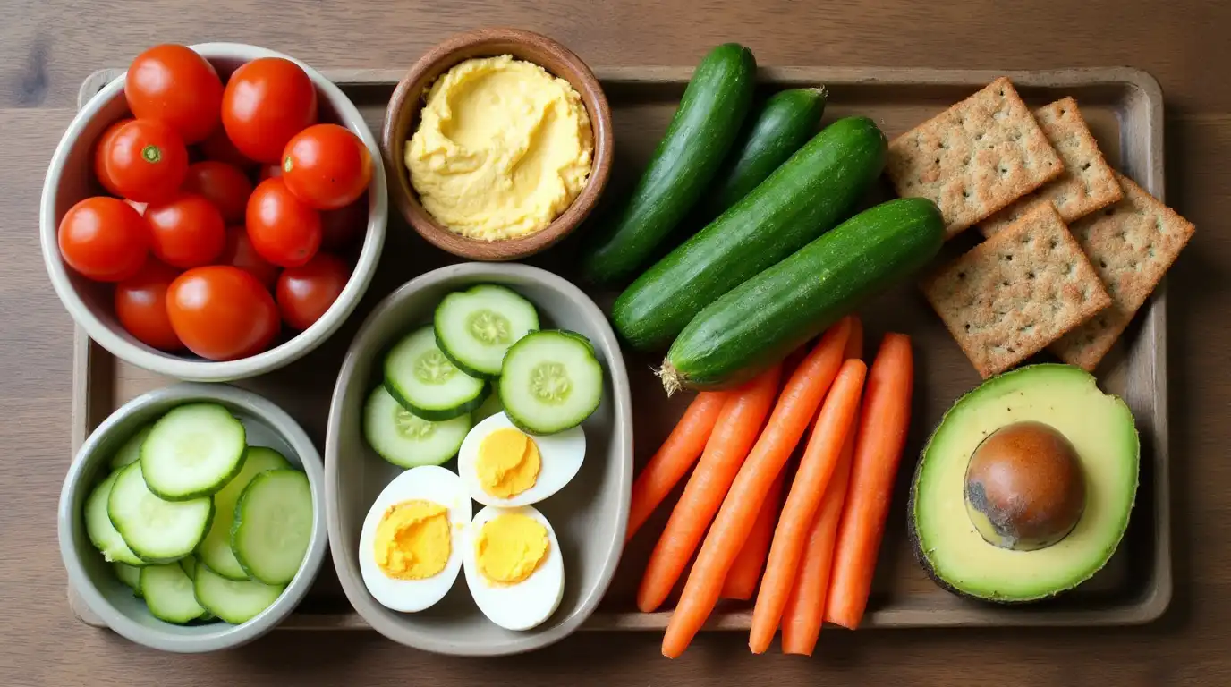 A colorful assortment of easy healthy snacks including sliced fruits, nuts, yogurt, and veggie sticks on a wooden platter.
