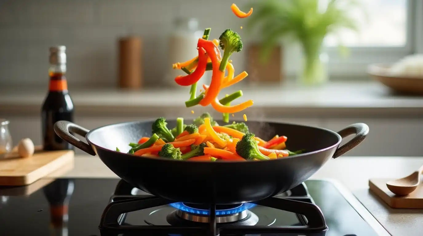 Easy stir-fry meal with colorful vegetables and chicken in a skillet, part of a simple step-by-step cooking guide