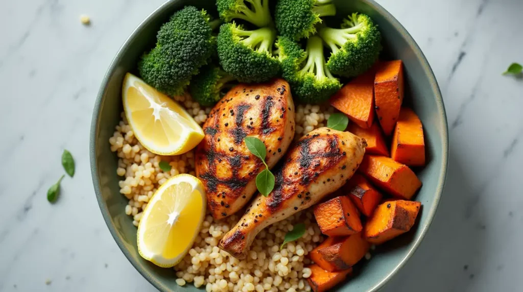 A vibrant, healthy meal with lean protein, fresh vegetables, and whole grains served on a plate, prepared following an easy recipe.