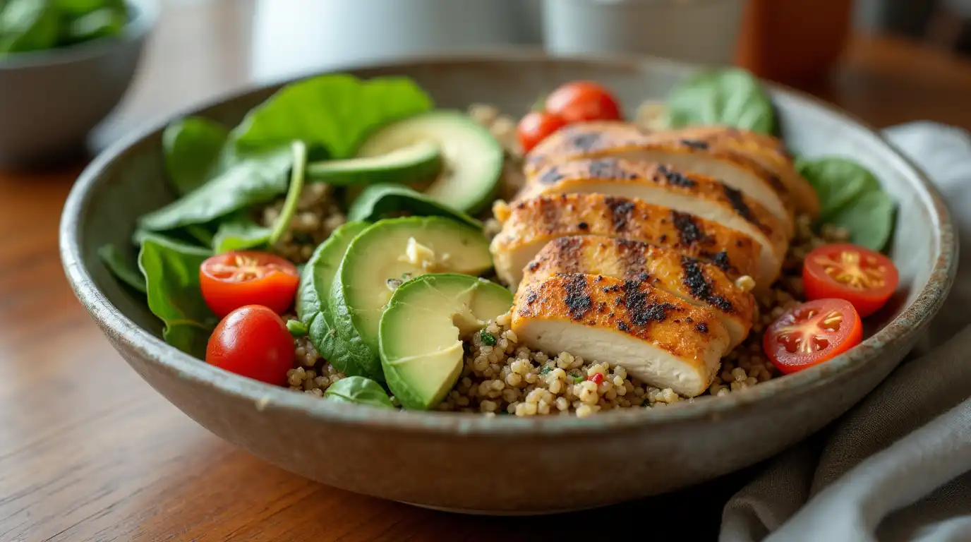 Top-down view of a colorful and nutritious 15-minute healthy meal with vegetables, grains, and lean protein, plated on a kitchen counter.