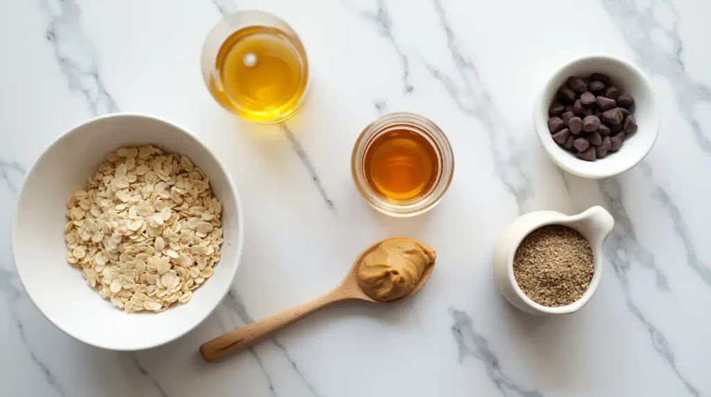 A plate of homemade no-bake energy bites made with oats, peanut butter, and chocolate chips.
