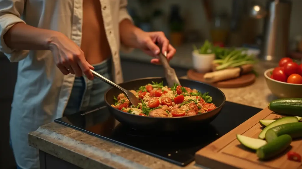 Colorful plate featuring a healthy quick dinner recipe with grilled chicken, roasted vegetables, and quinoa.