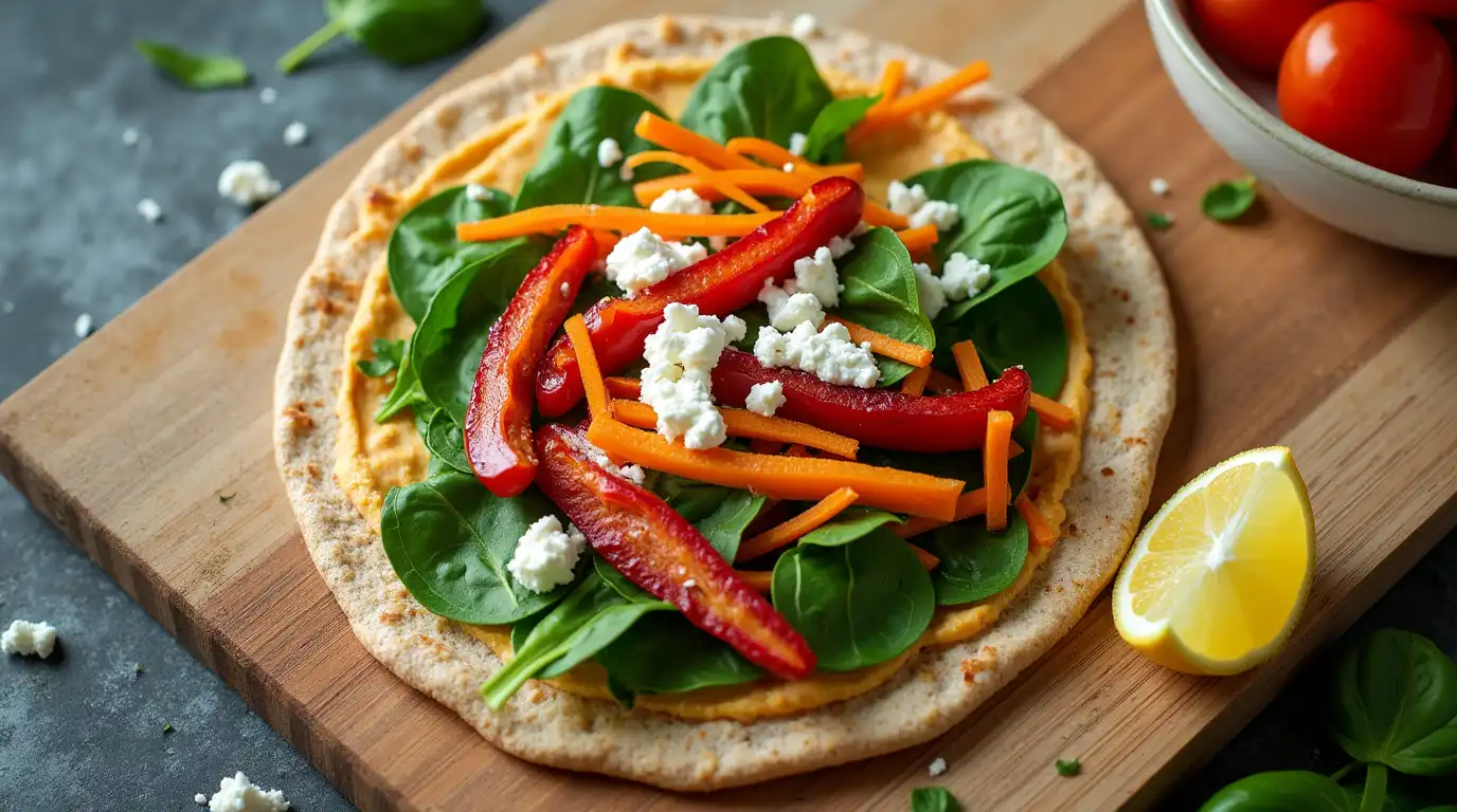 Colorful and nutritious quick vegetarian lunch plate with fresh vegetables, grains, and legumes.