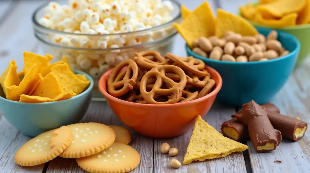 A variety of Spanish-inspired snacks, including tapas, churros, and empanadas, arranged on a wooden platter.