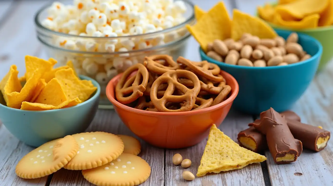 A variety of Spanish-inspired snacks, including tapas, churros, and empanadas, arranged on a wooden platter.