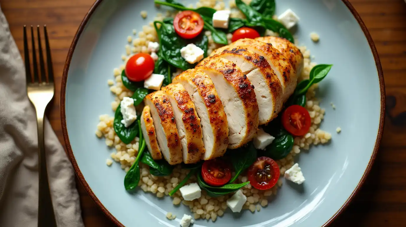 Freshly prepared 30-minute healthy dinner with grilled chicken, roasted veggies, and a side of quinoa on a white plate.