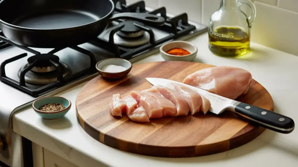 Beginner learning to prep, season, and sear chicken in a skillet on a stovetop