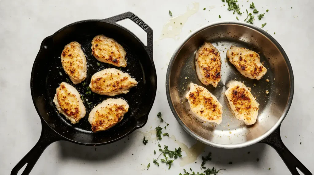 Side-by-side comparison of chicken bites searing in a cast iron skillet and a stainless steel pan.