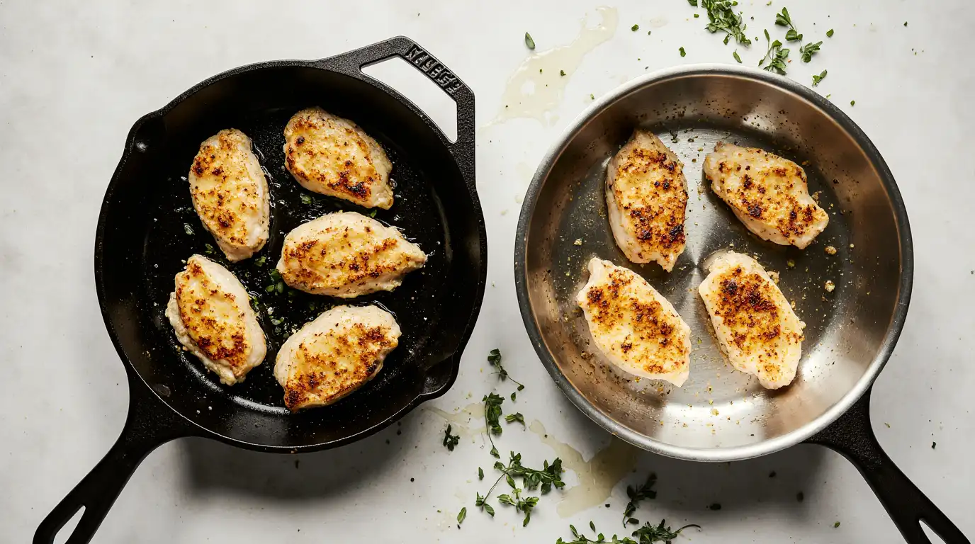 Side-by-side comparison of chicken bites searing in a cast iron skillet and a stainless steel pan.