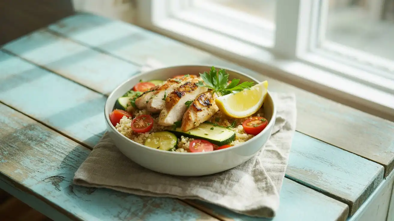 Colorful plate of easy healthy lunch including quinoa salad, grilled vegetables, and avocado toast on a white background