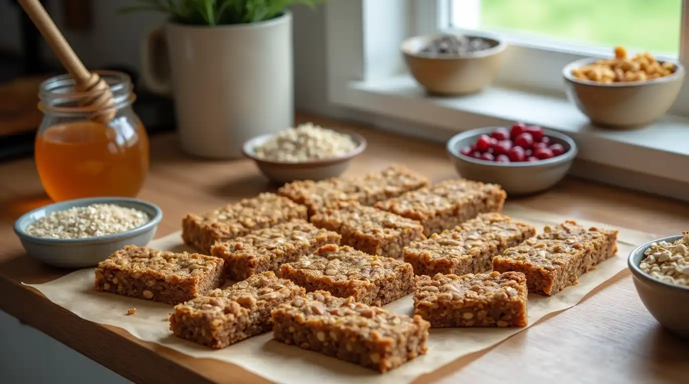 Homemade granola bars arranged neatly on parchment paper with visible oats, nuts, and dried fruits