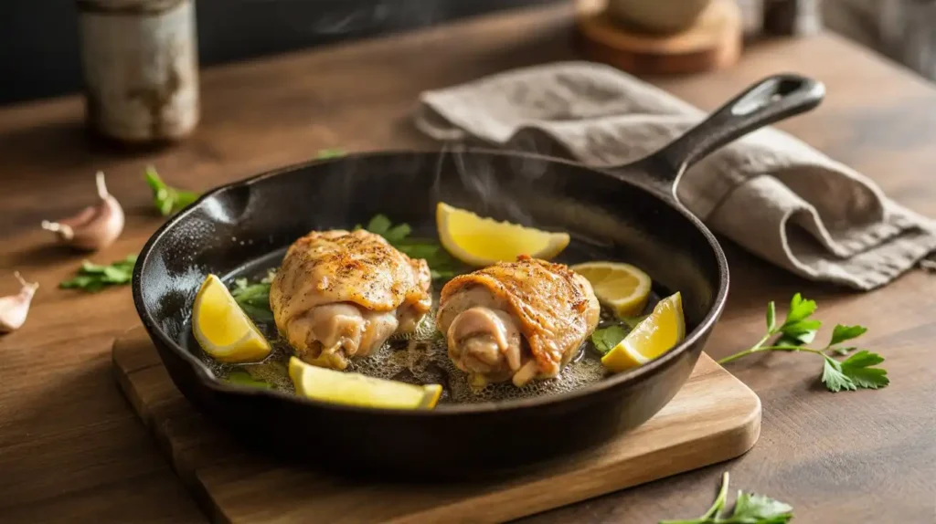 Sizzling skillet of juicy chicken breasts with fresh herbs and vegetables, ready in minutes.