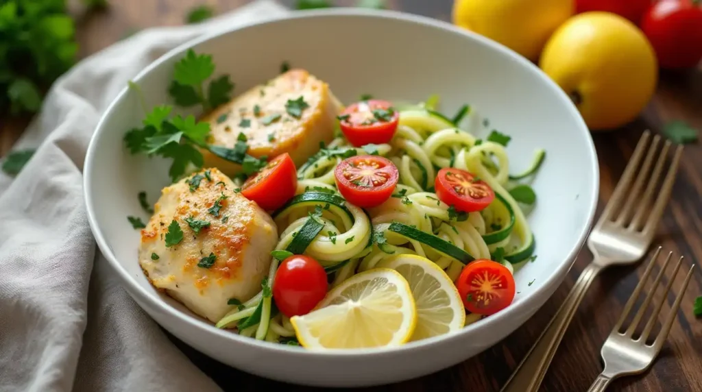 Colorful assortment of fast low-calorie meals including grilled vegetables, lean protein, and fresh greens on a kitchen counter.