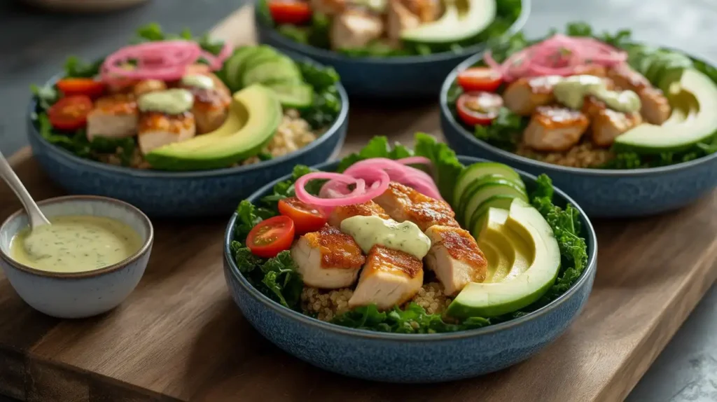 Garlic butter chicken bite bowls with rice and veggies, prepped in meal containers for the week