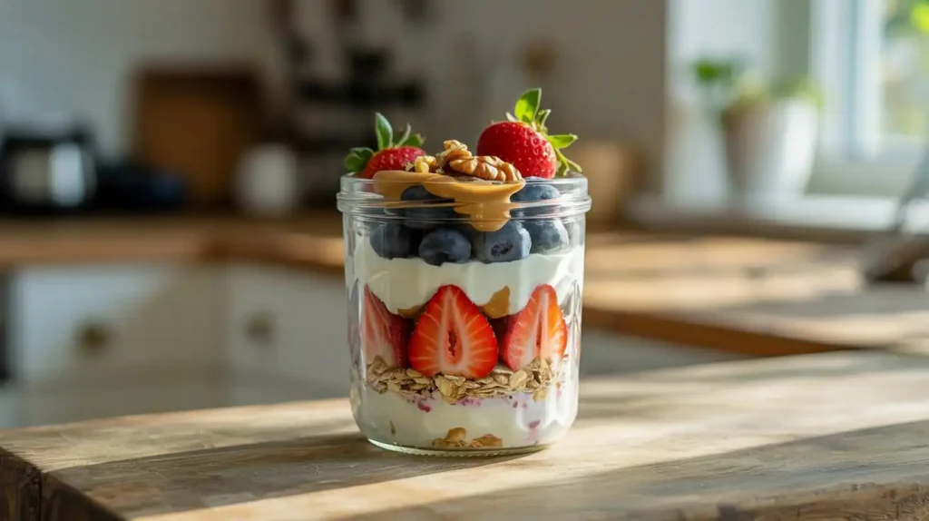 Assorted healthy snack options like sliced fruits, veggie sticks, nuts, and hummus arranged on a wooden board.