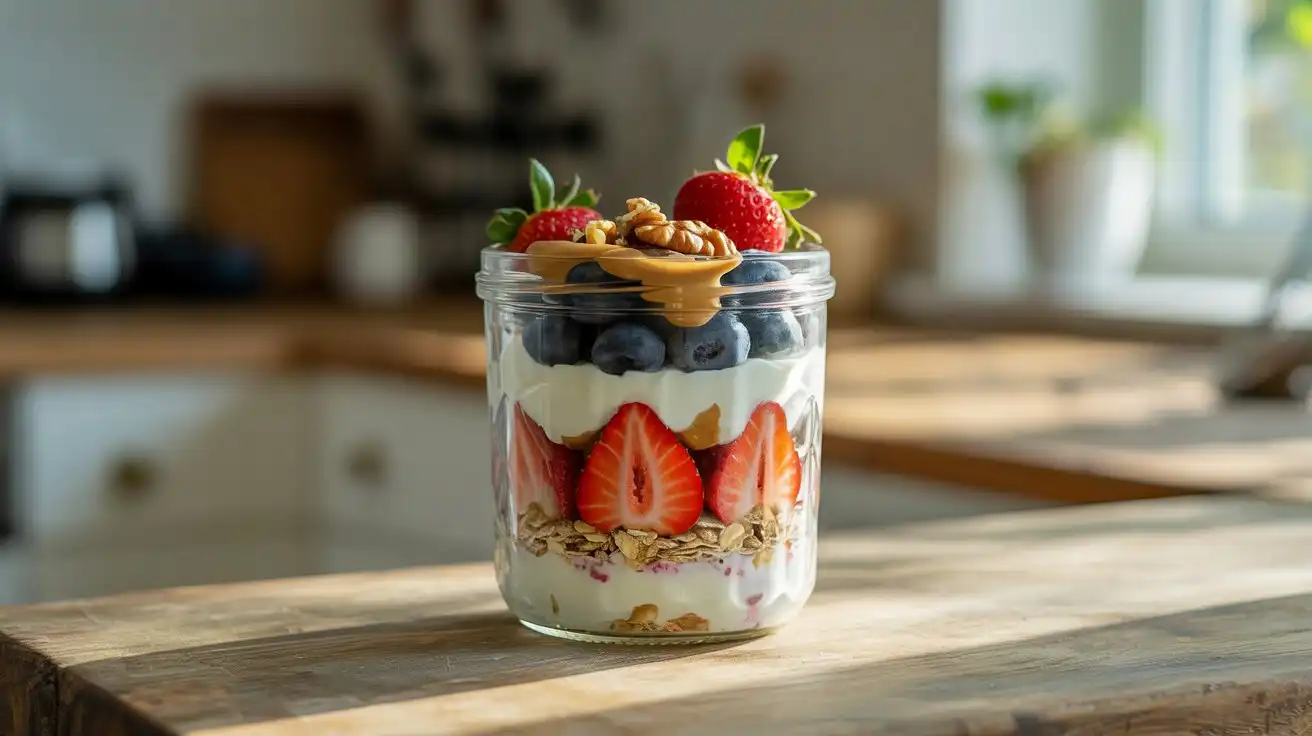 Assorted healthy snack options like sliced fruits, veggie sticks, nuts, and hummus arranged on a wooden board.