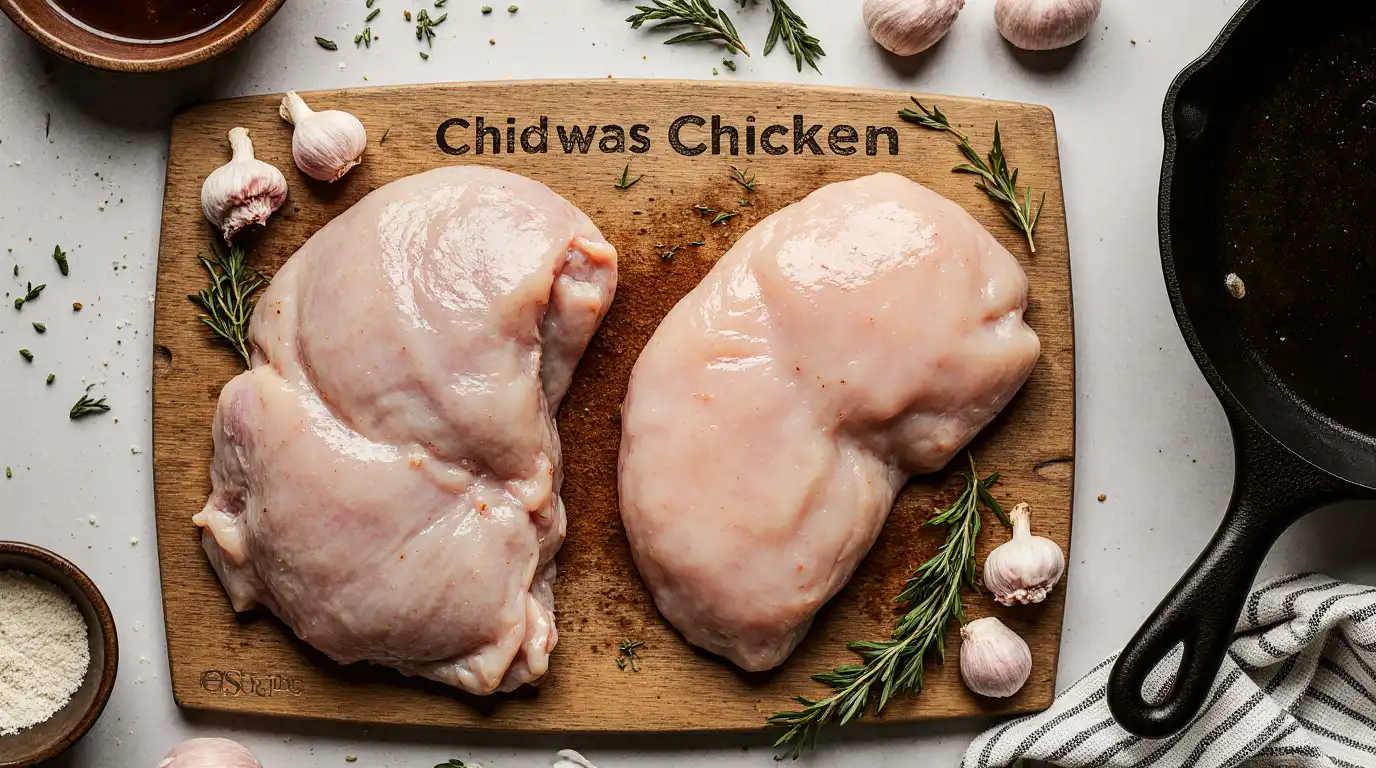 Raw chicken thigh and breast pieces side by side on a cutting board, with seasoning and herbs.